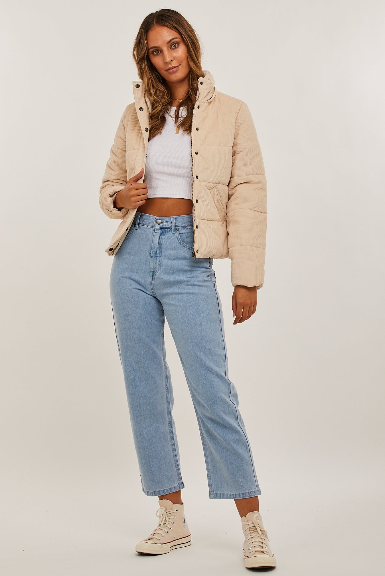 White cord puffer jacket store