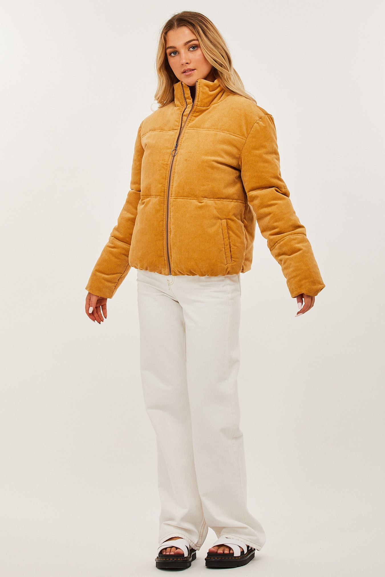 white cord puffer jacket
