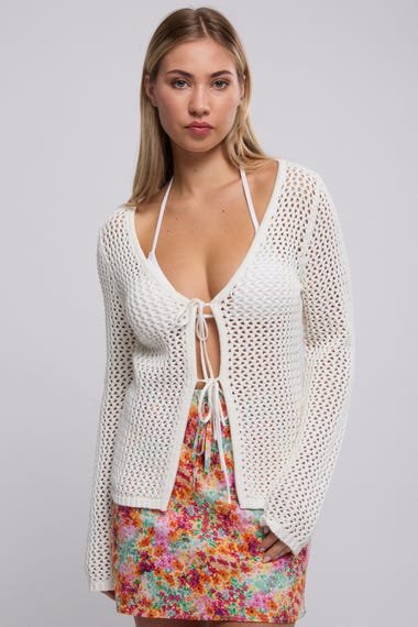 Seashell Long Sleeve Tie Front Knit Top
