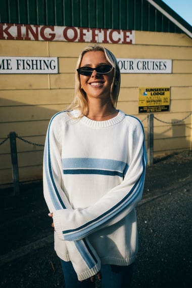 White Lines Crew Neck Knit Sweatshirt